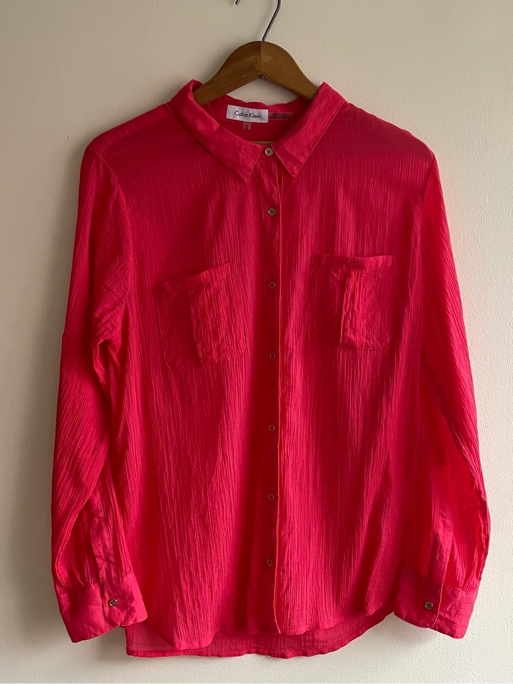 Calvin Klein Coral Pink Crinkle Cotton Button Front Blouse Size Large